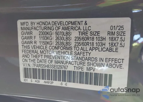 2025 Honda Cr-V Hybrid Sport-L from USA, damaged, VIN 7FARS5H83SE029767